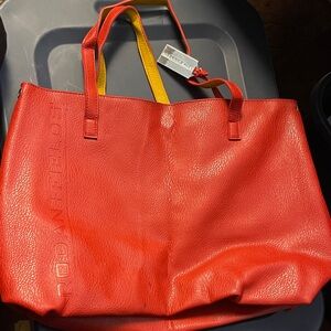 Rodan + Fields Vibrant Red leather reversible Tote with Yellow Accents